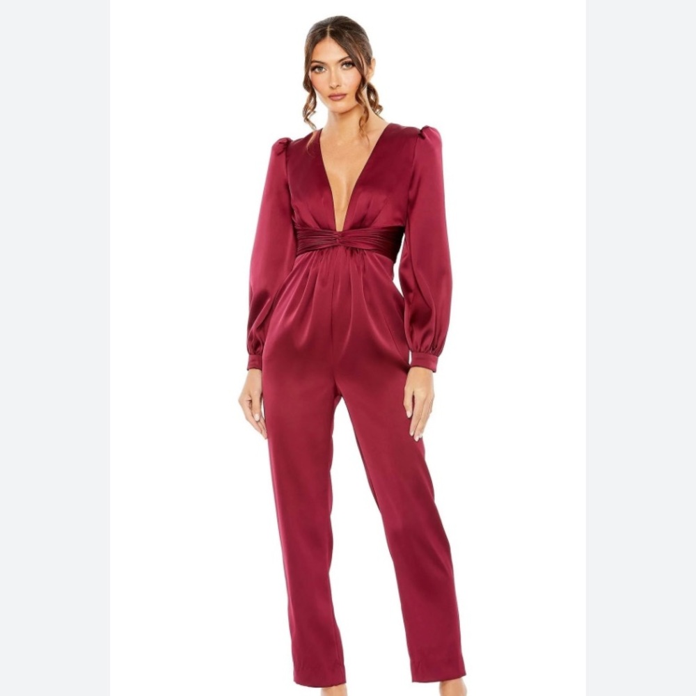 Deep V Satin Jumpsuit in Burgundy